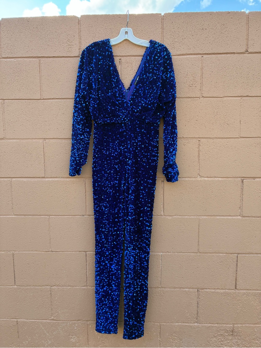 Fashion Nova Royal Blue Sequin Long-Sleeve Jumpsuit
